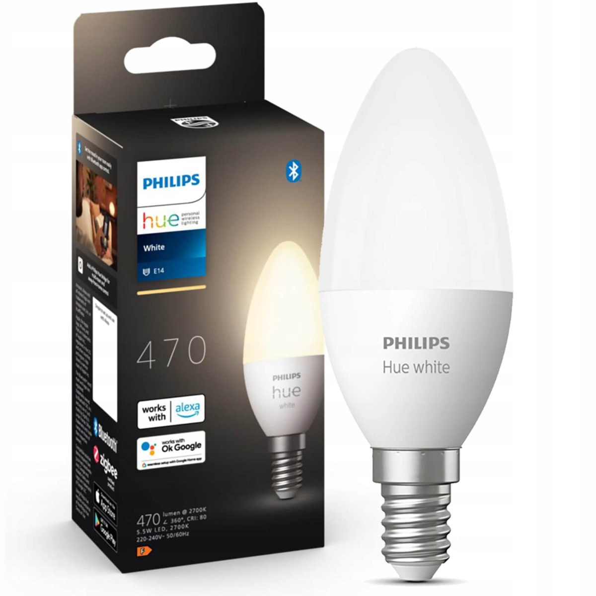 Led žárovka svíčka E14 B39 5,5W 2700K Philips Hue White Bluetooth Zigbee