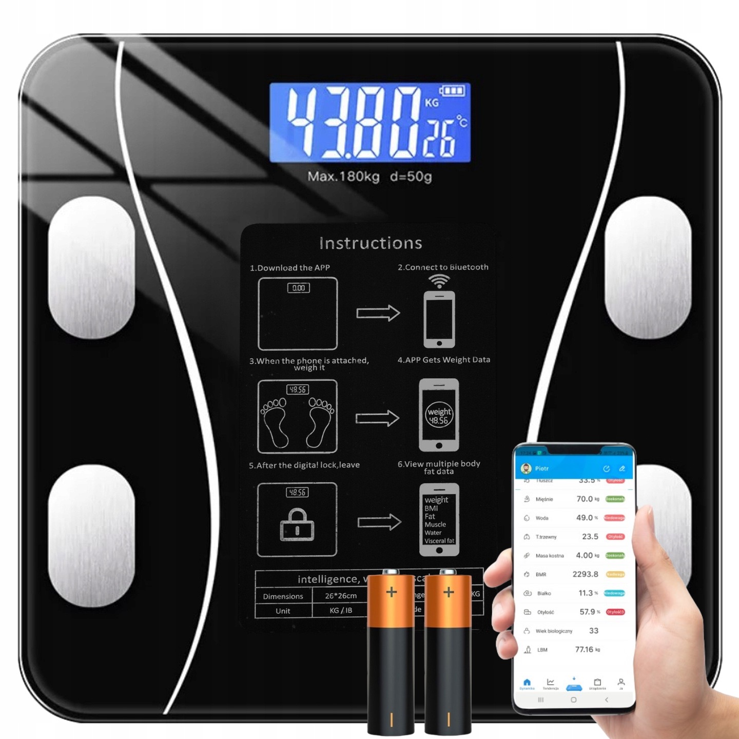 Waga Łazienkowa 180kg Bluetooth Elektroniczna Bt Inteligentna Baterie
