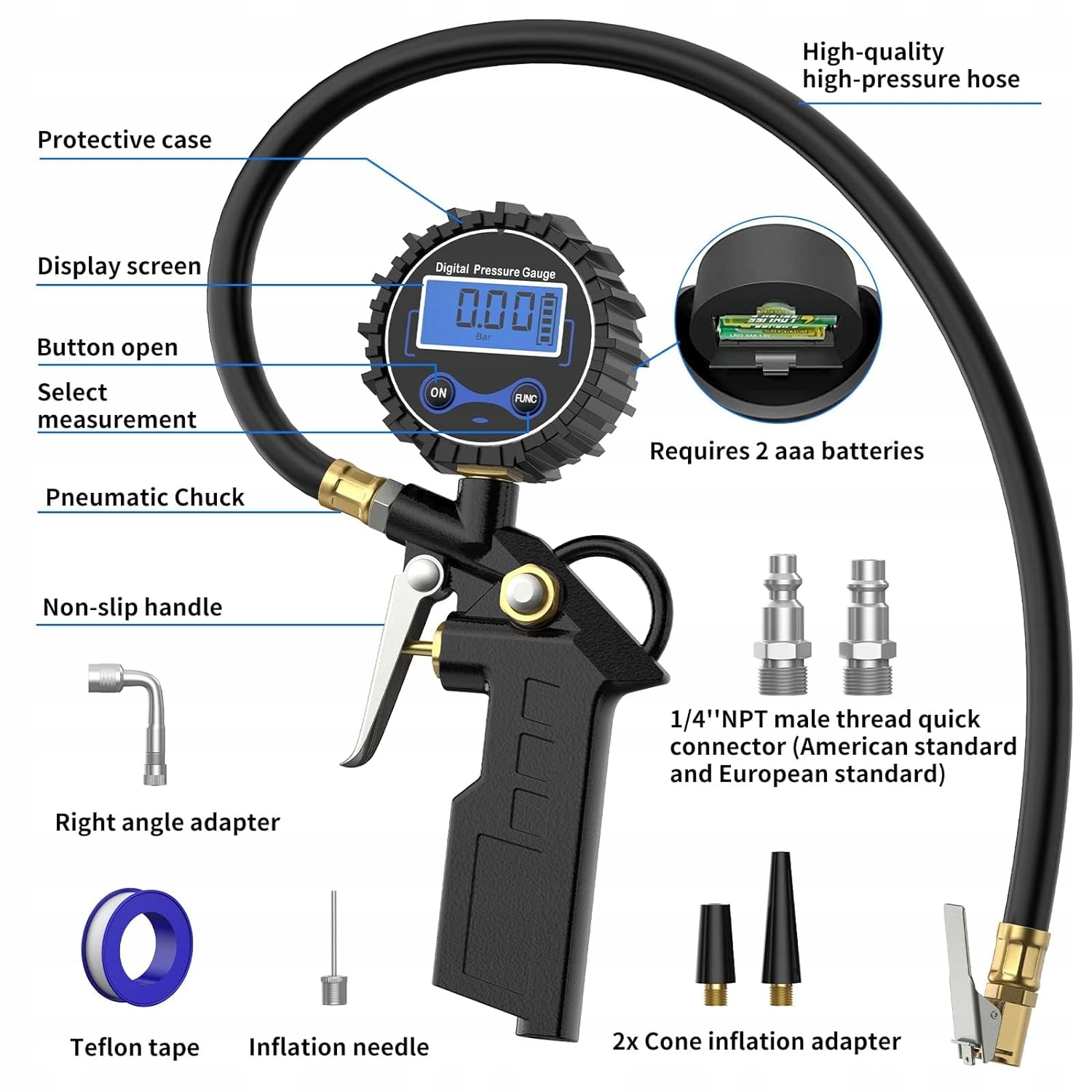 Cyfrowy Manometr Inflator Pistolet do Pompowania Kół do Kompresora EAN (GTIN) 5906809345173