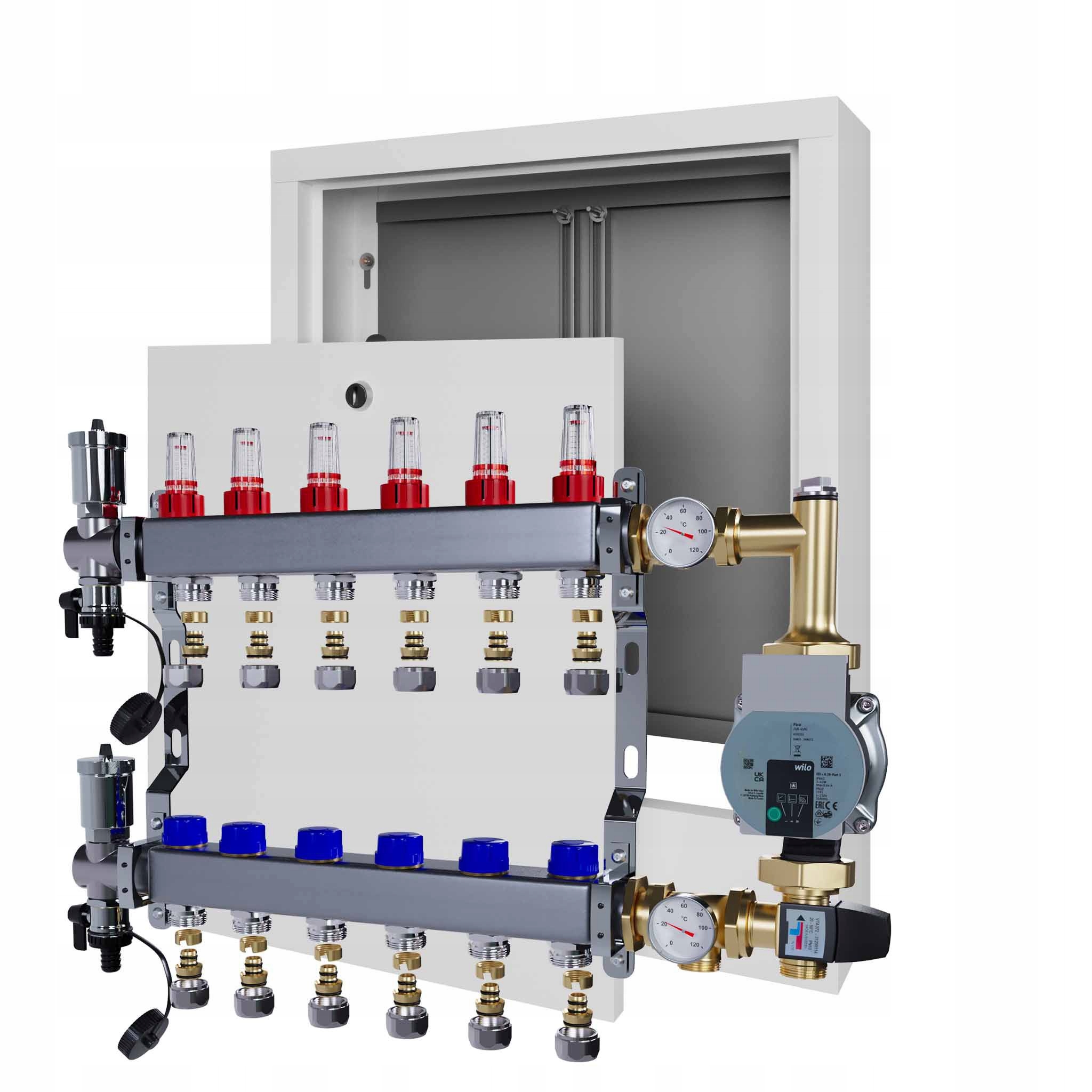 Nerezový rozdělovač na podlahu 6 čerpadel Wilo s nástěnnou schránkou+PEX