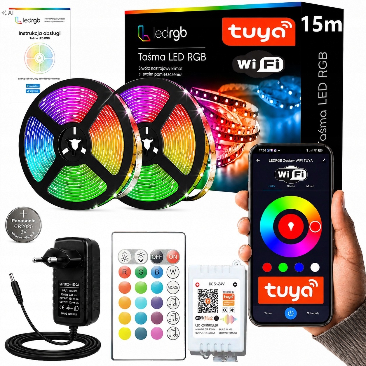 Set Led pásek 15M 2x7.5m Rgb 5050 WiFi Dálkový Ovladač Aplikace Tuya Hudba Časovač