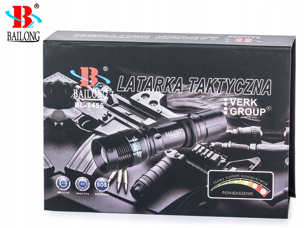 LATARKA TAKTYCZNA BAILONG ZOOM DIODA LED CREE XM-L T6 WOJSKOWA MOCNA Długość 13.3 cm