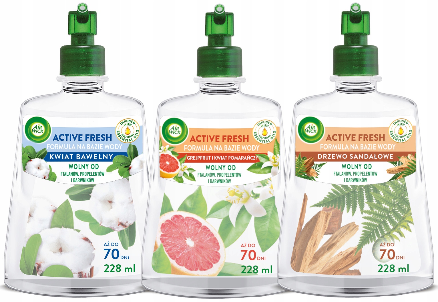 Levně Sada Air Wick Active Fresh Květ bavlny Sandálové dřevo náplň 3x 228 ml
