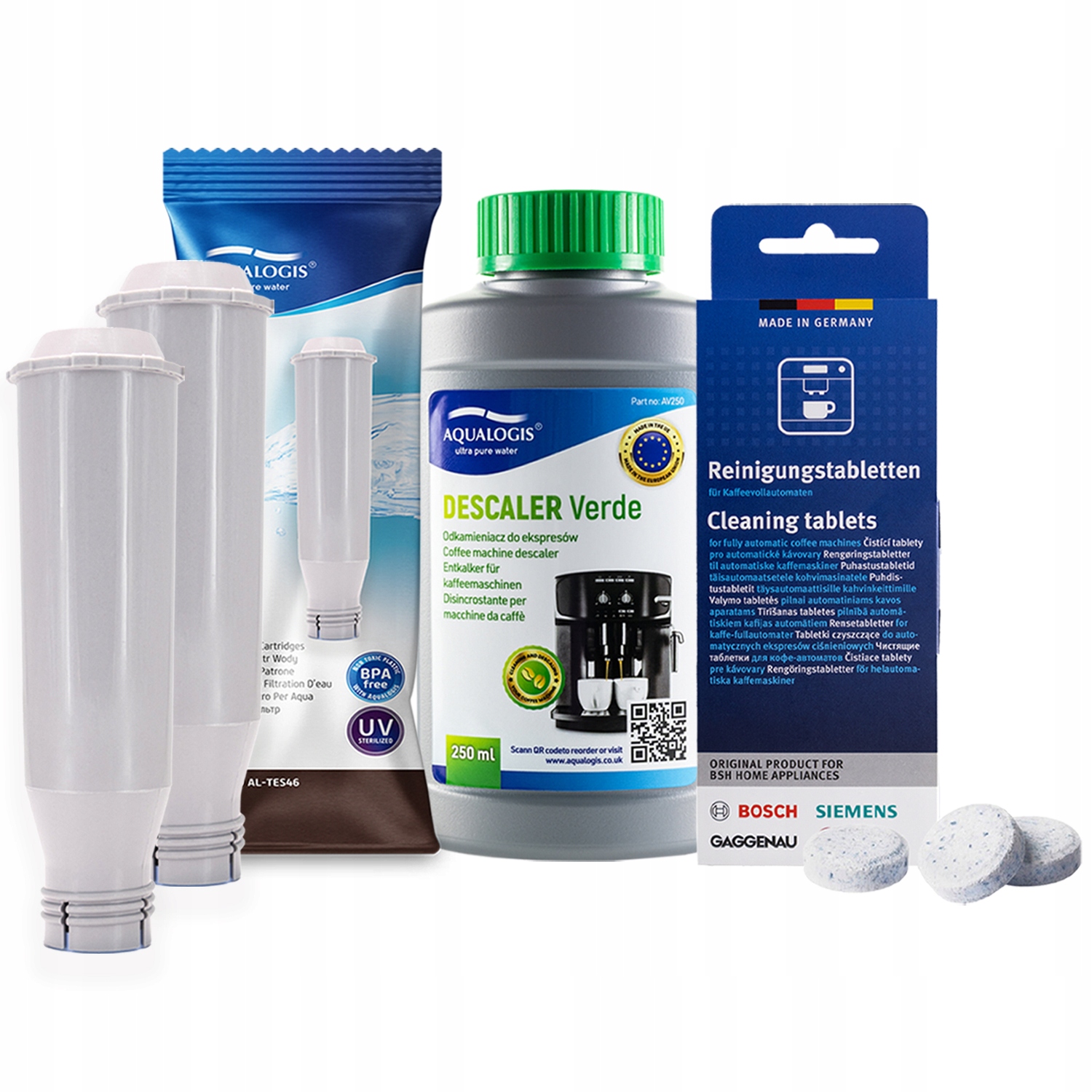 2x filtr AL-TES46 pro kávovar Bosch kapalina Verde 250 ml čisticí tablety