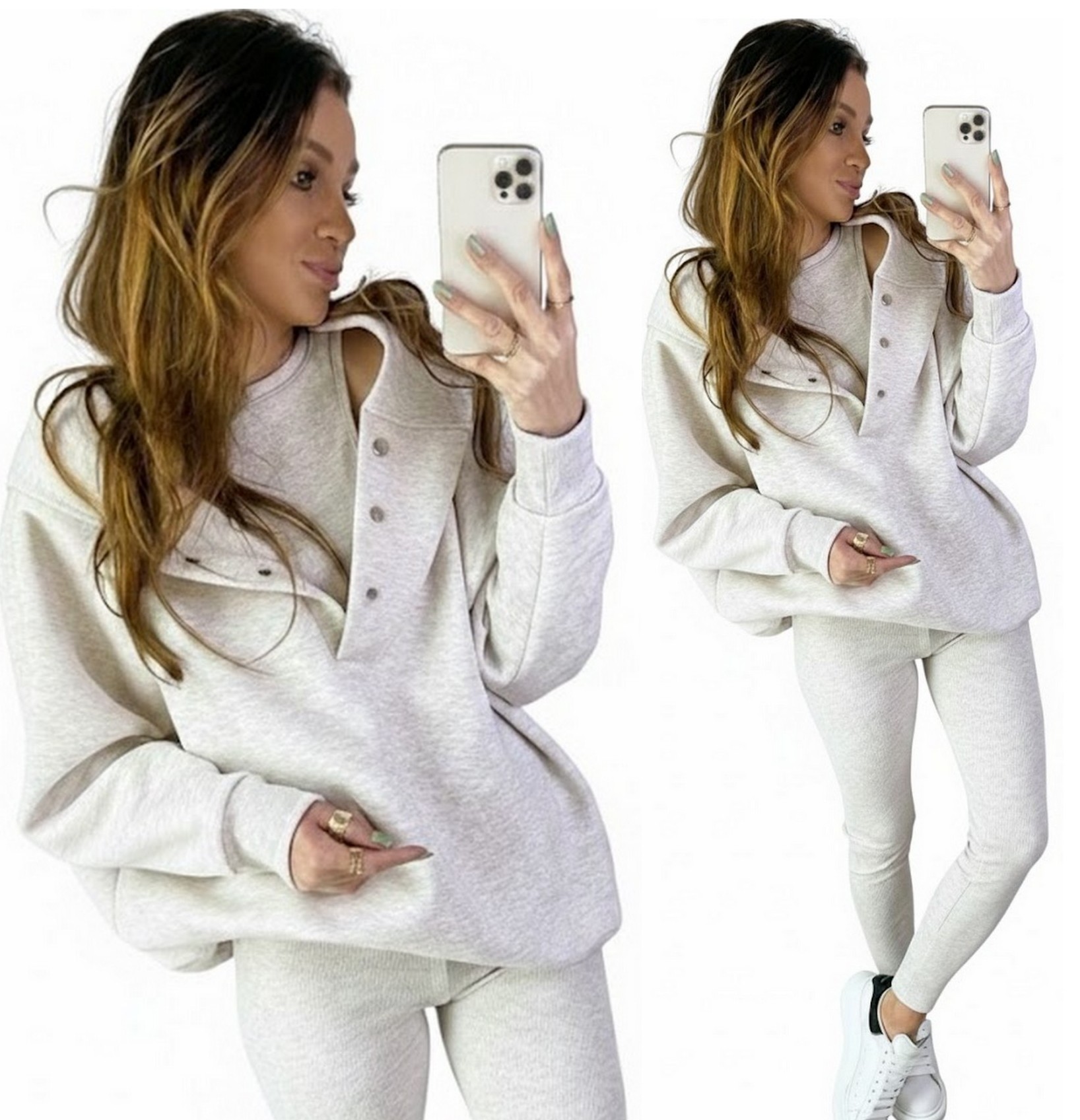 Komplet dresowy 3częściowy Dres Napy Beżowy Bluza+Legginsy+Top Aszmi