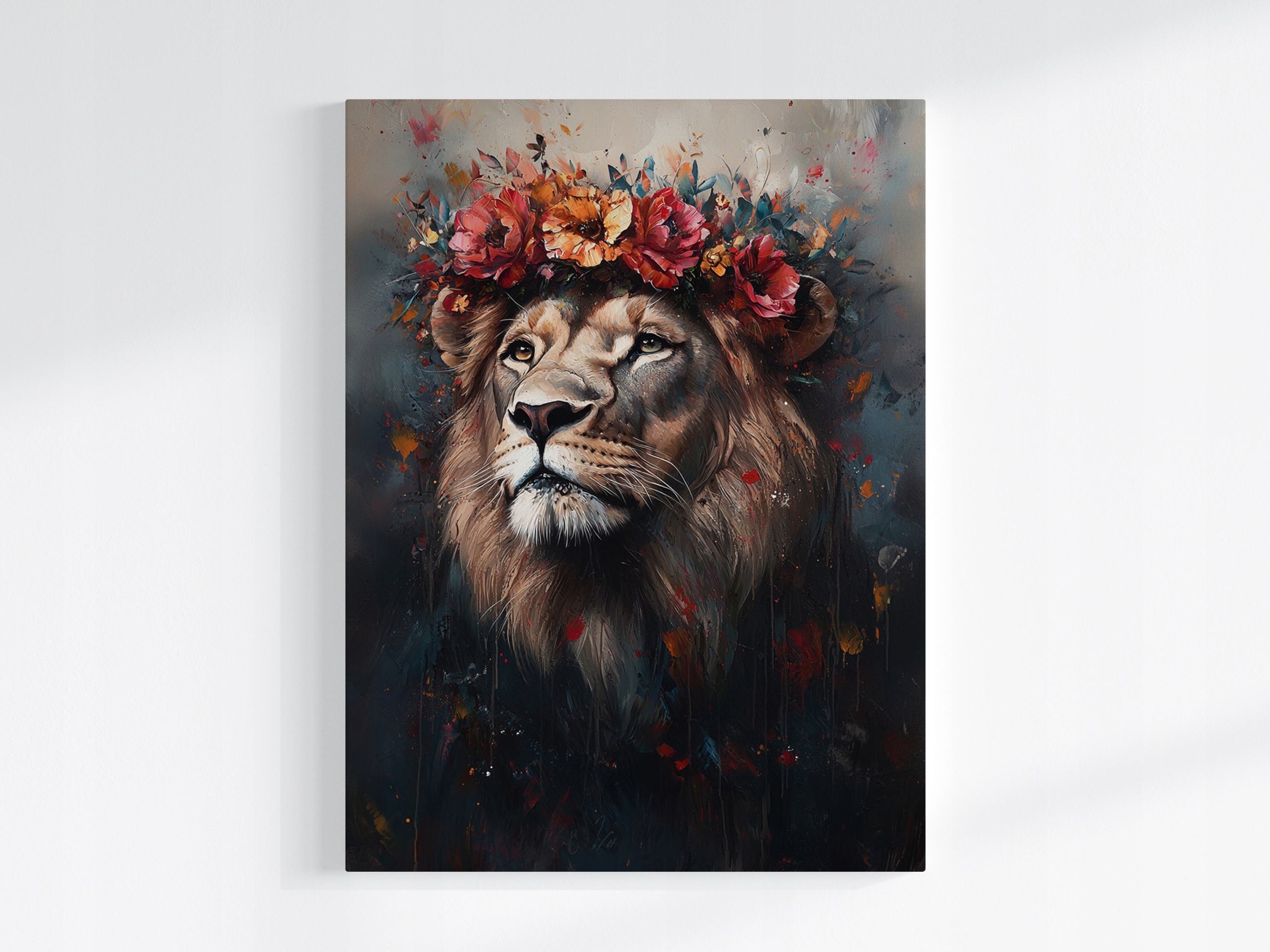 Obraz Na Plátně Canvas Portrét Zvířete Lev Král Věnec Květiny Boho 75x100