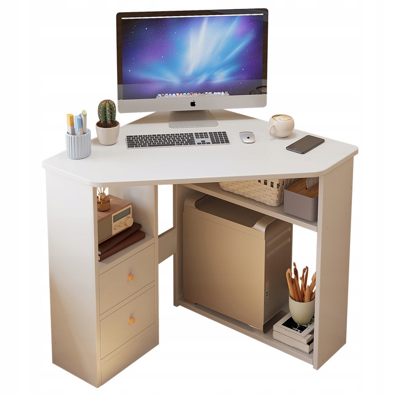 Trojuholníkový Počítačový Rohový Stôl S Policami Moderný Biely Loft 80x75