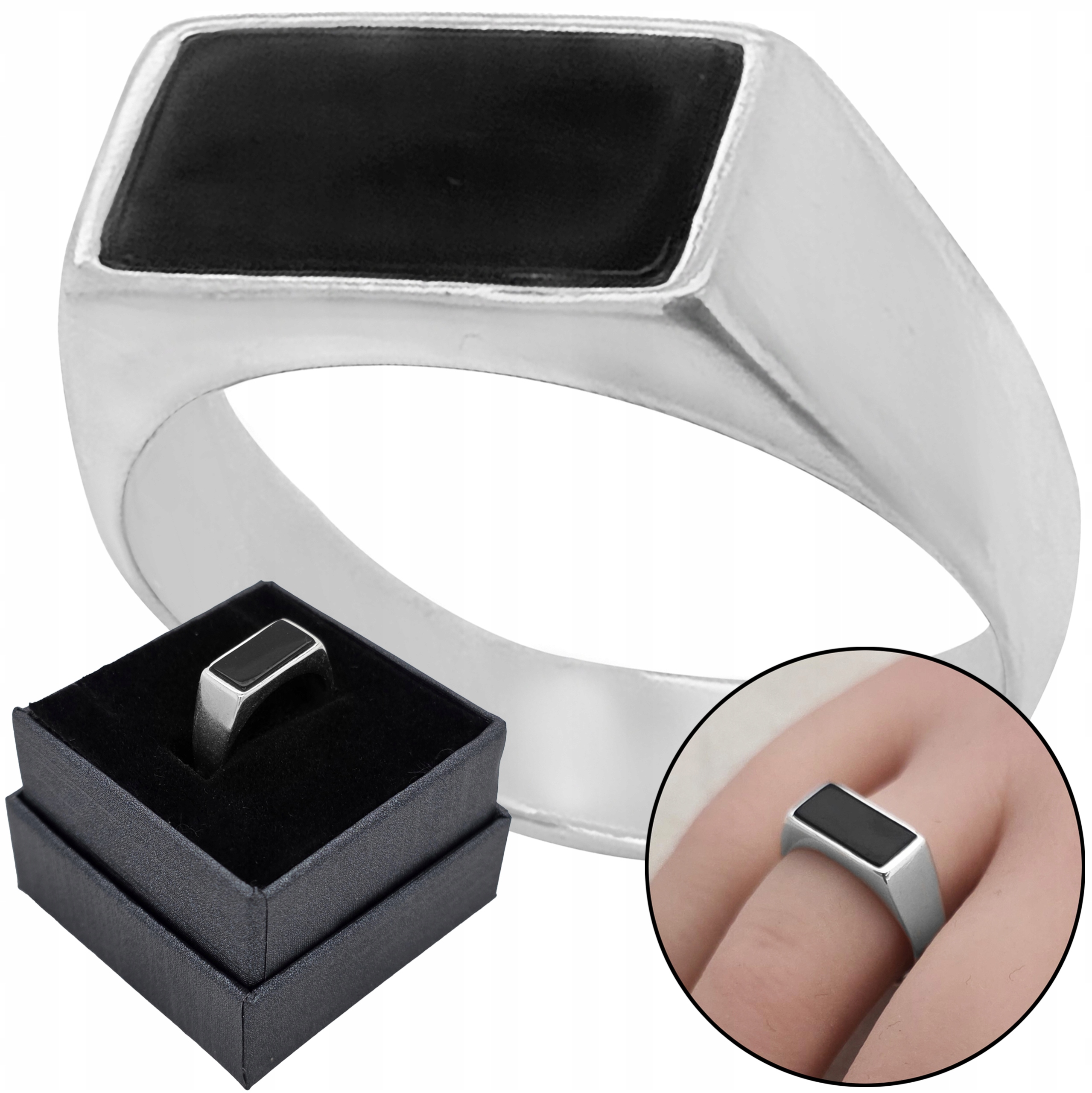 Sygnet srebrny pr. 925 Pierścionek z Prostokątnym Onyksem r. 20