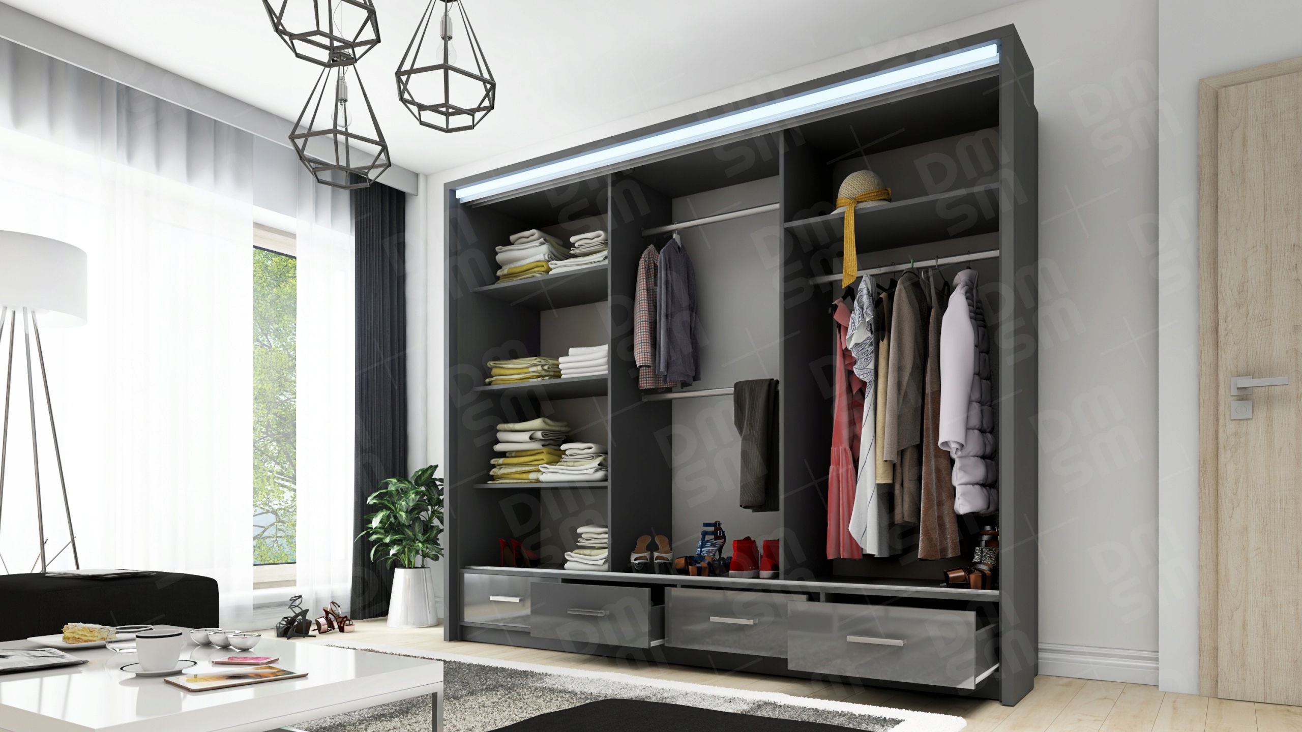 DUŻA BIAŁA SZAFA PRZESUWNA Z LUSTREM GARDEROBA SYCYLIA 250 CM + LED GRATIS! Marka DM-SM