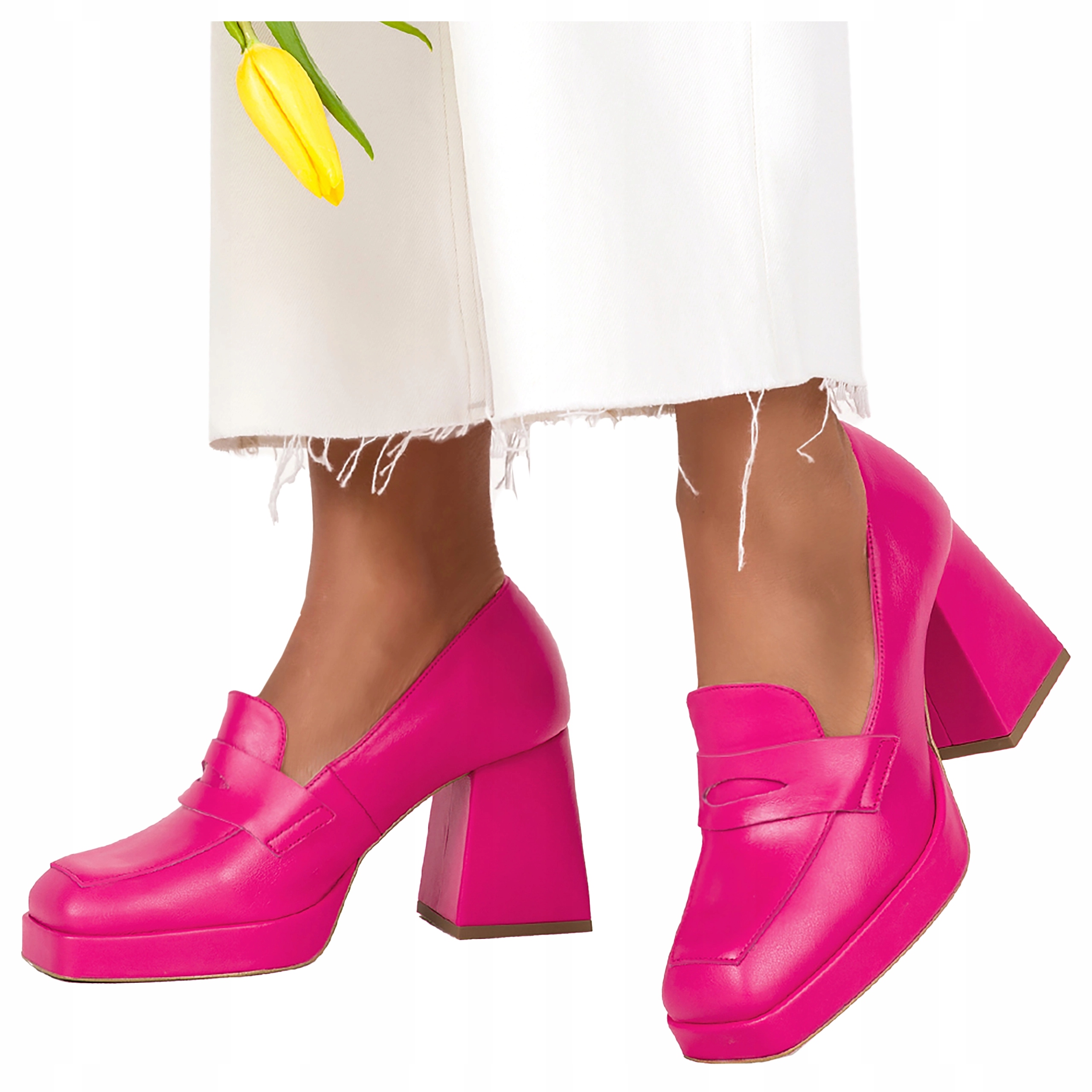 Fuchsiové Dámské Kožené Mokasíny Na Podpatku Klocku Polský Výrobek vel. 36