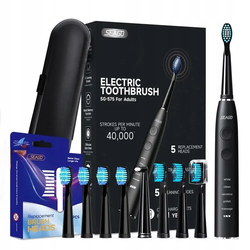 Soniczna szczoteczka Seago SG-575 zestaw z etui i 9 końcówkami Czarna