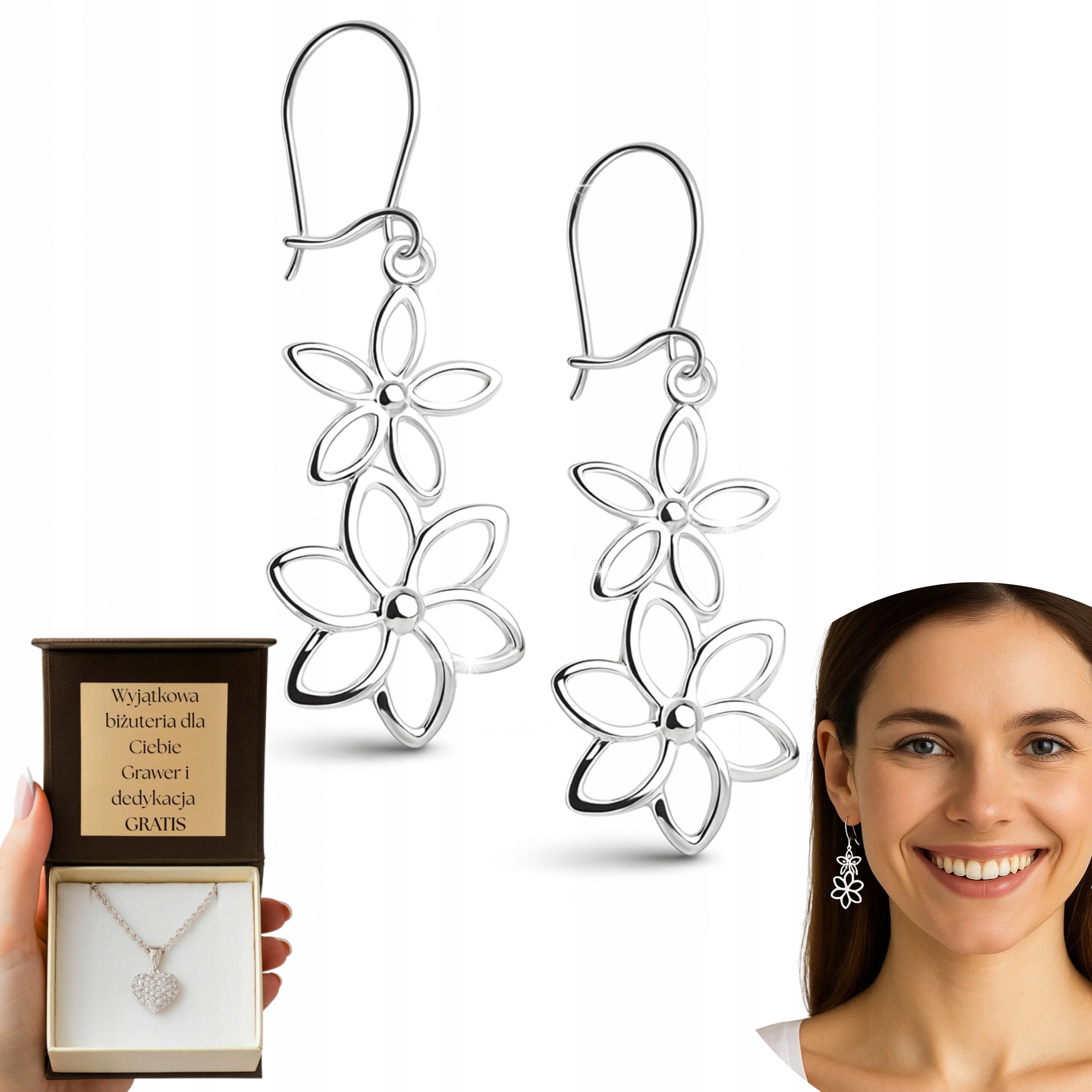 Stříbrné Náušnice Prolamovaným Vzávěsem, Květiny, Květiny, Stříbro Gravírování 925