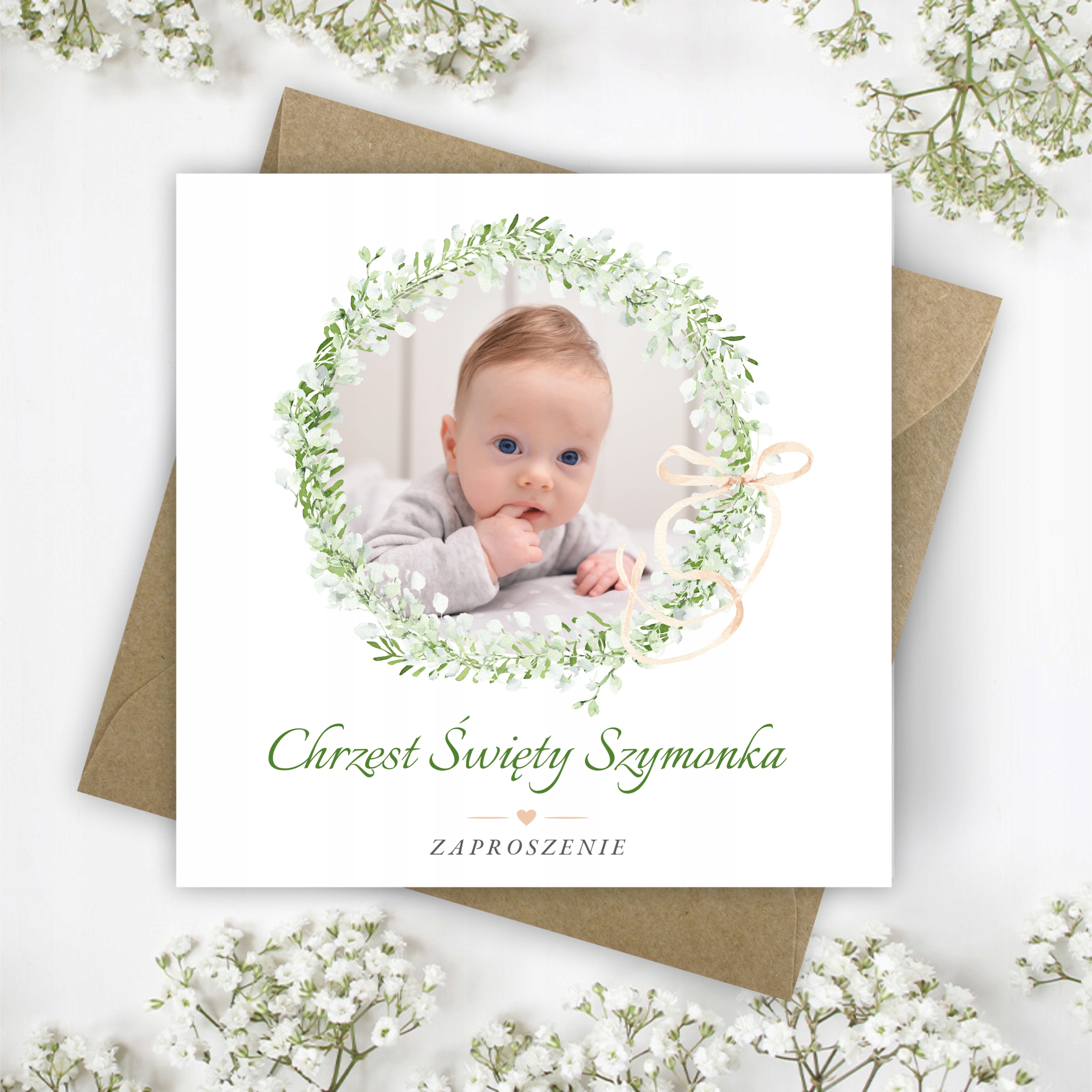 ZAPROSZENIA NA CHRZEST ZE ZDJĘCIEM + IMIĘ +KOPERTA Wysokość produktu 14 cm