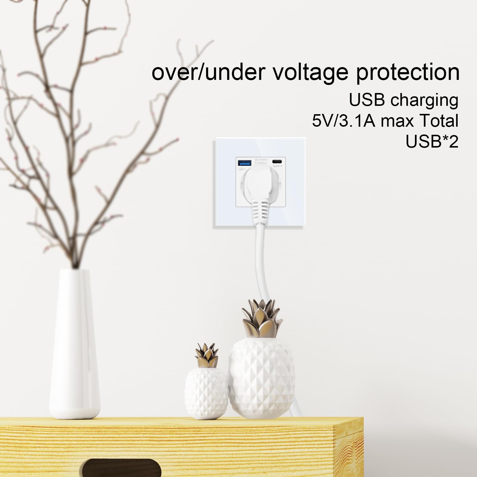 JIMEIDA Gniazdko USB 20W Szybkie Ładowanie Białe 16A Szklane Typ C 250V — miniatura 3