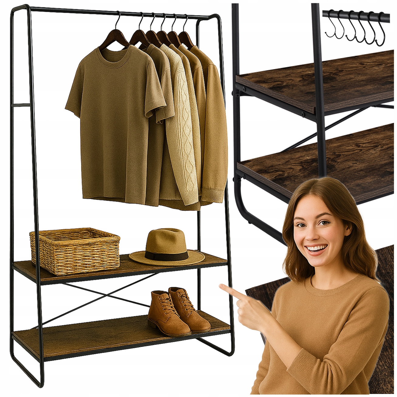 Stojanový stojanový věšák na bundy, kovový, pro rustikální šatník Joel