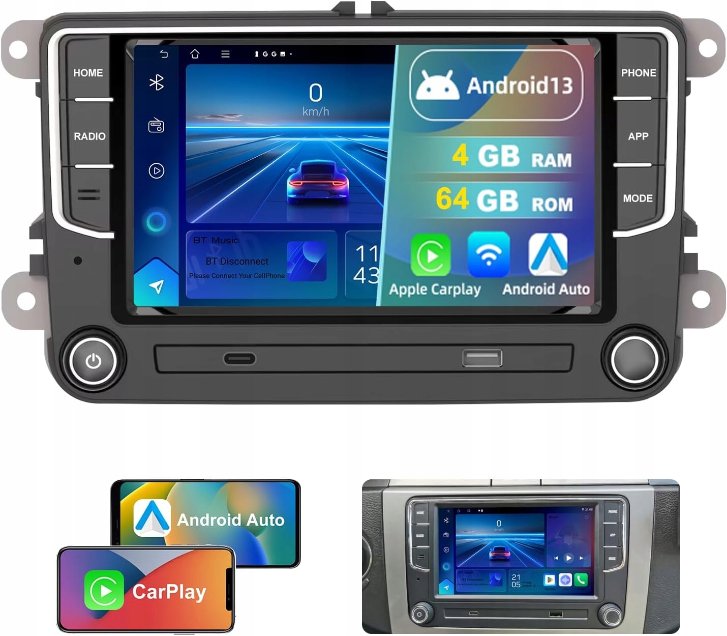 Automobilové rádio 4 Gb 64 Gb Android 13 dotykový displej Bluetooth CarPlay