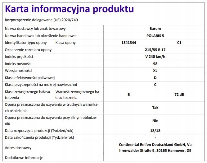 OPONA 215/55R17 98V BARUM POLARIS 5 UBEZP. Kod producenta 15413440000