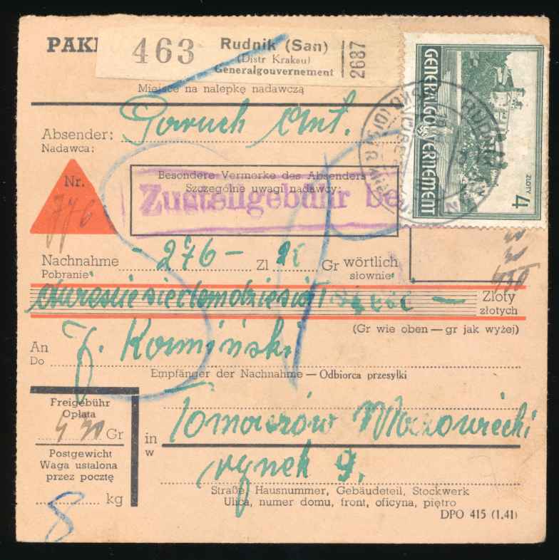 1943 GG adres pomocniczy RUDNIK nad SANEM do TOMASZOWA MAZOWIECKIEGO.