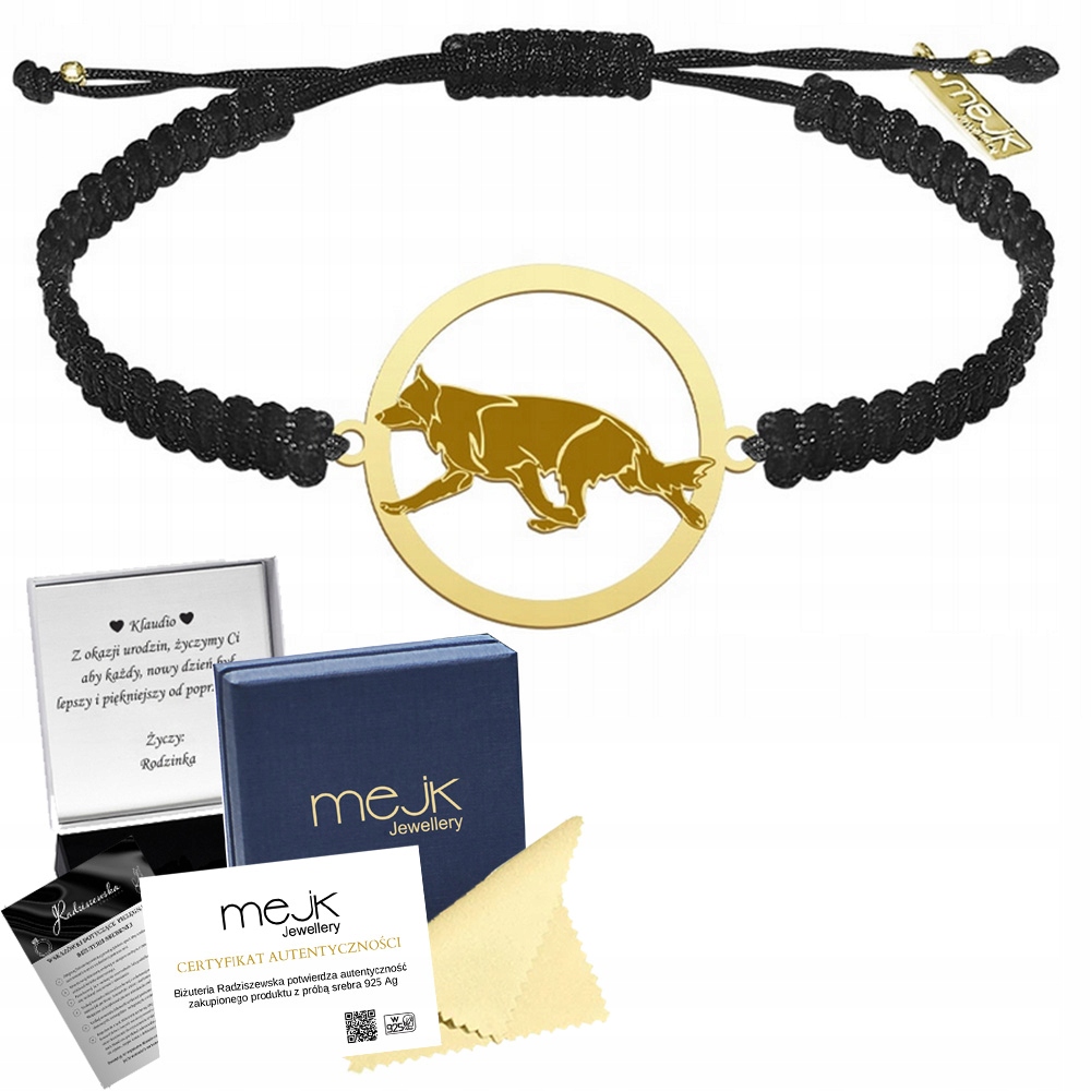 Zlatý náramek s německým ovčákem, černý a německý ovčák 925