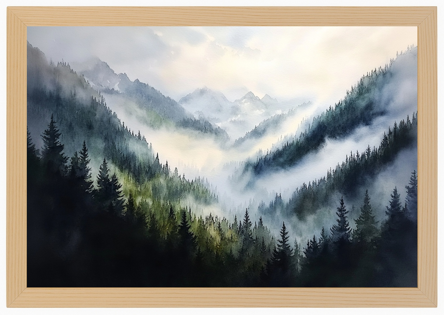 Plakát Rámeček Dřevo Krajina Akvarel Hory Vrcholky Les Stromy Mlha 93x62