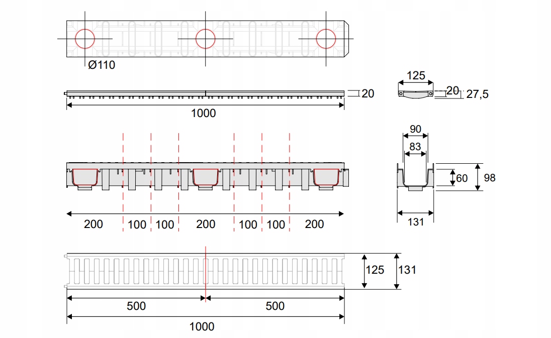 Korytko odwodnienia liniowego Max-Pol plastik B125 grafit • Cena