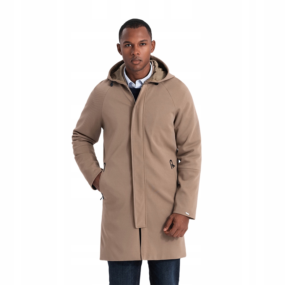 Płaszcz męski z kapturem w delikatny prążek kawowy V1 OM-COSC-0112 XL
