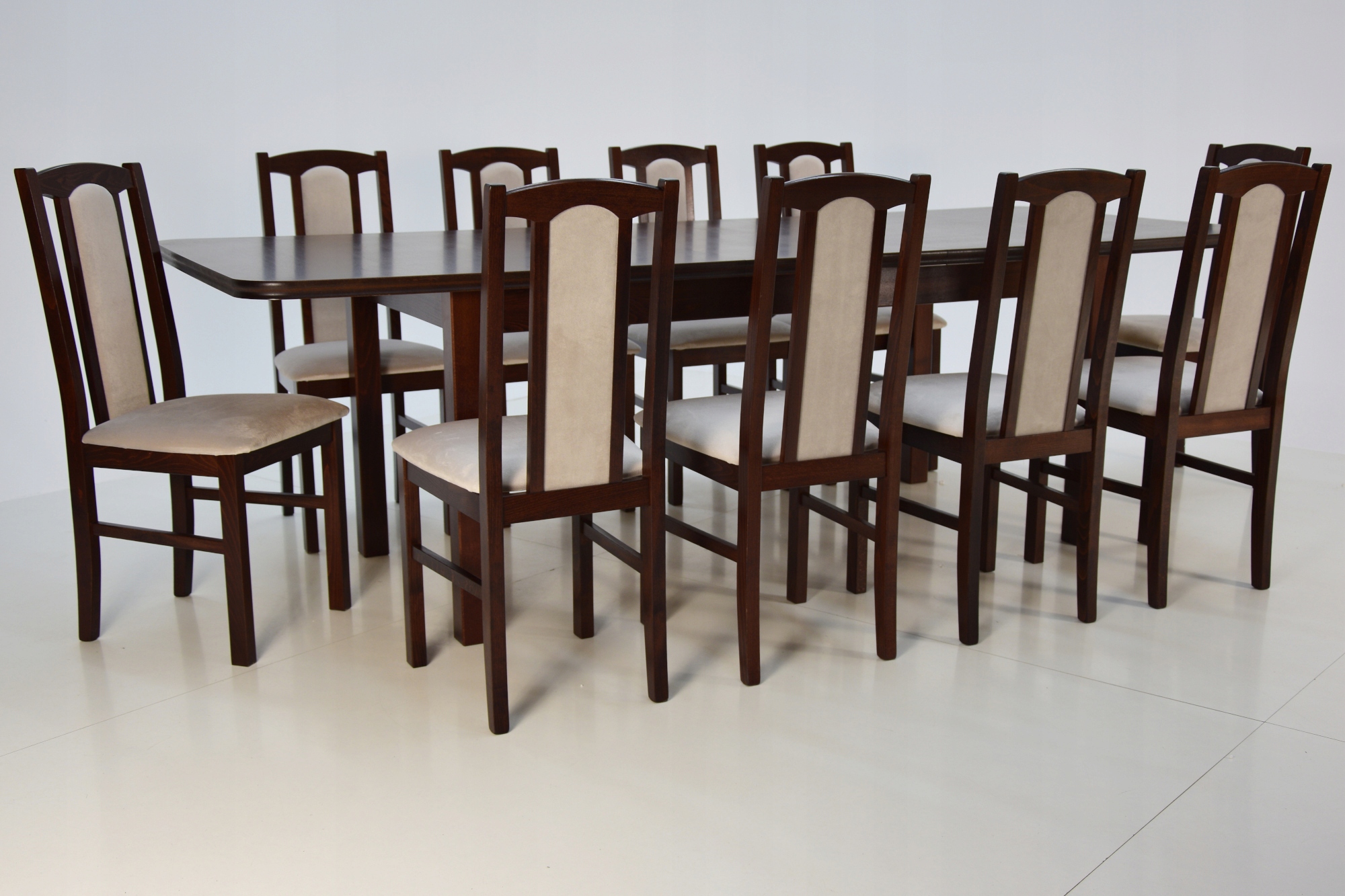 10 krzeseł z drewna+ stół rozkładany 100x200/300cm Kod producenta Z