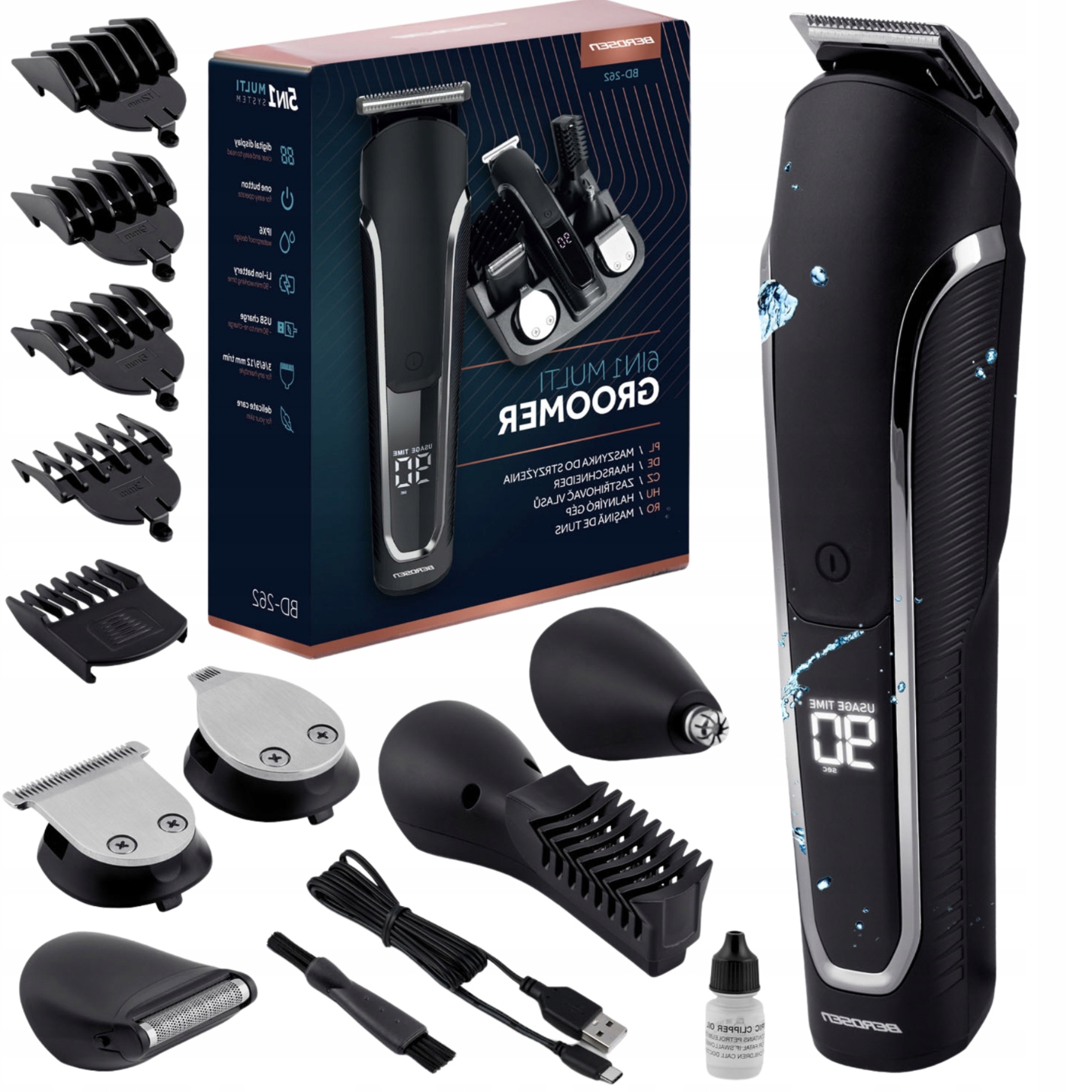 Maszynka Do Strzyżenia Włosów Golarka 6w1 5 Głowic 5 Nasadek Akumulatorowa