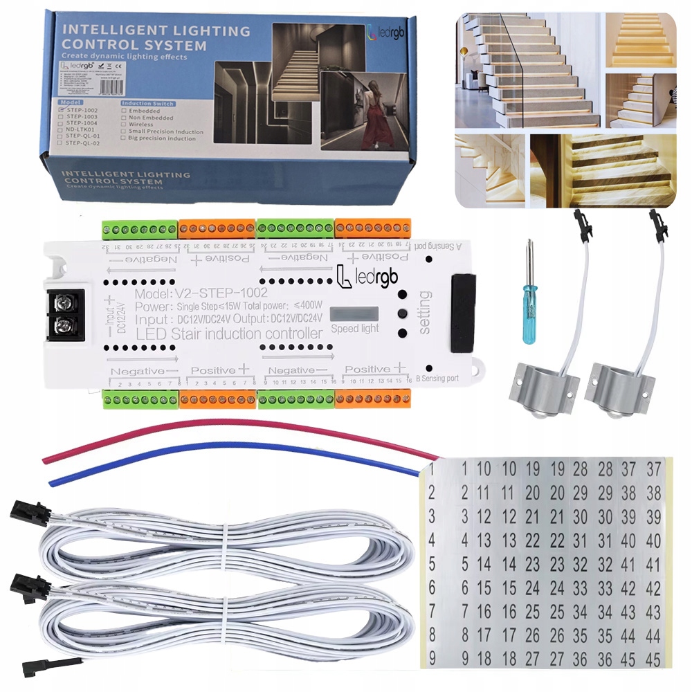 Schodišťový ovladač 32 kanálů 12-24 V DC 500 W 2x Pohybový detektor Pir Max 15 W/m