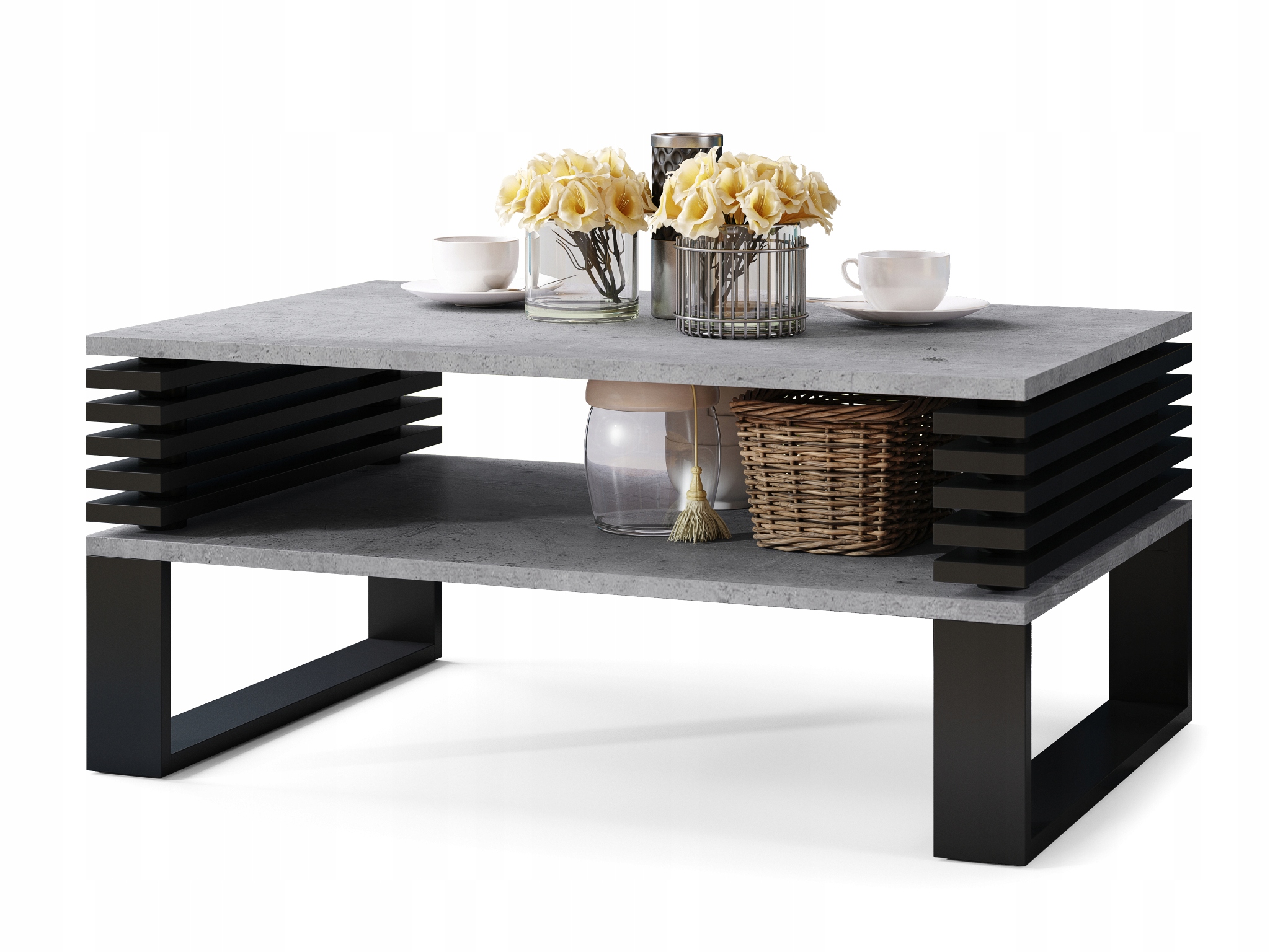 

Gokee Beton/Czarny Ława Stolik Loftowy Z Lamelami