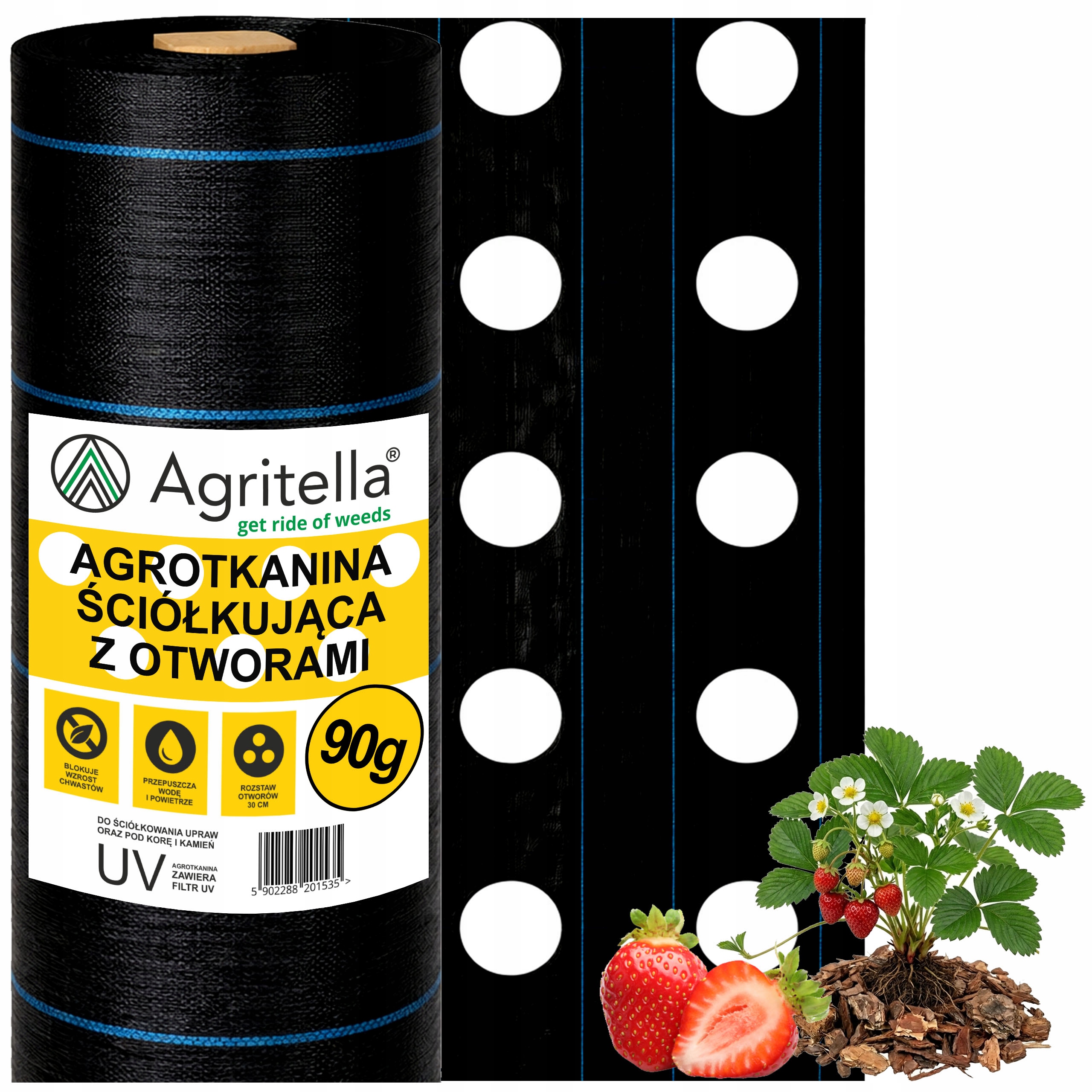 Agrotkanina 1,1x50m z Otworami 90g Czarna Uv Mata Na Chwasty Pod Truskawki