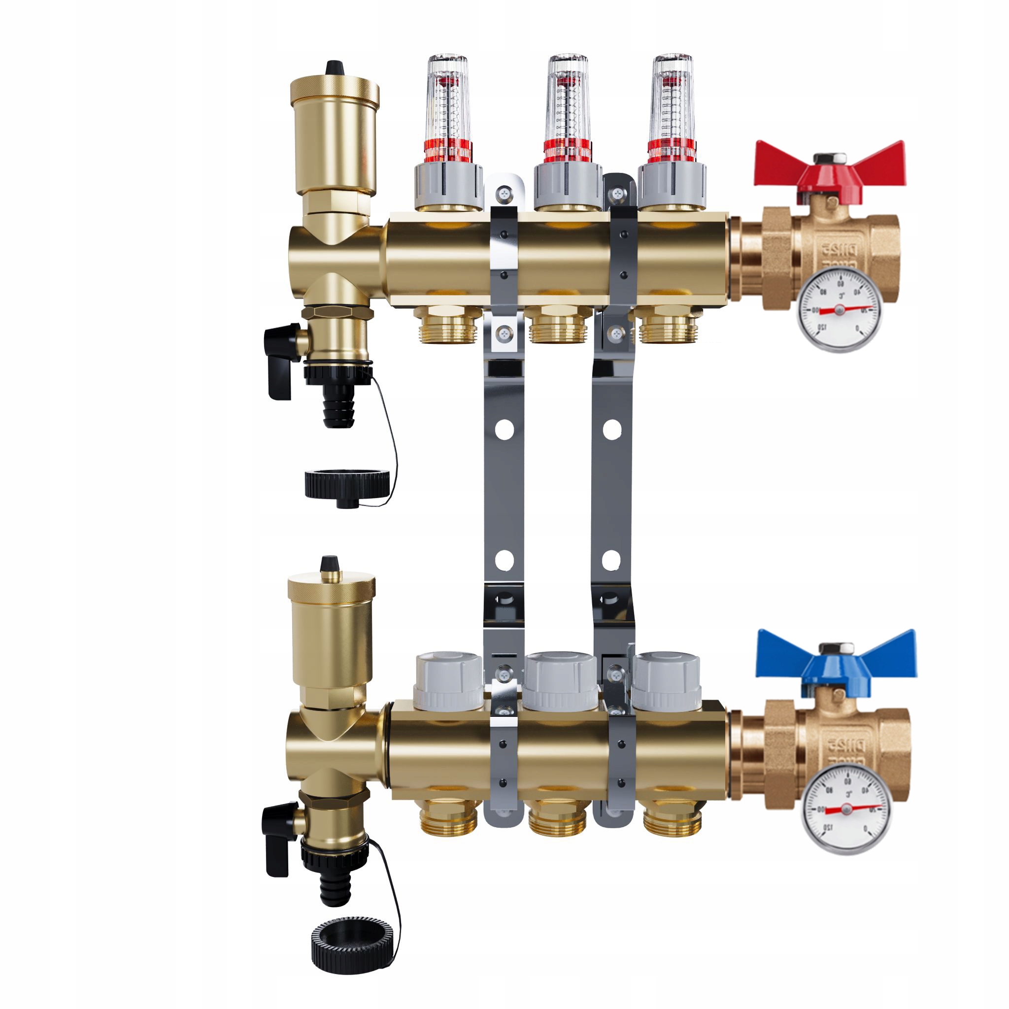 Rozdělovač Pro Podlahovou Krytinu 3 Okruhy Jednoduchý Kulový Ventil Teploměr Pex