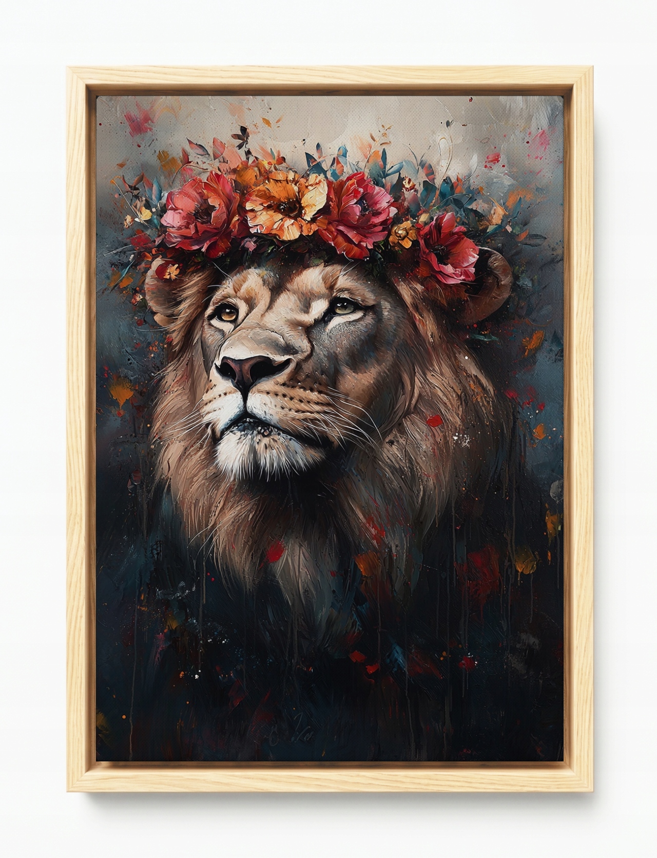 Obraz Rám Americký Box Portrét Zvířete Lev Král Věnec Květiny Boho 40x60