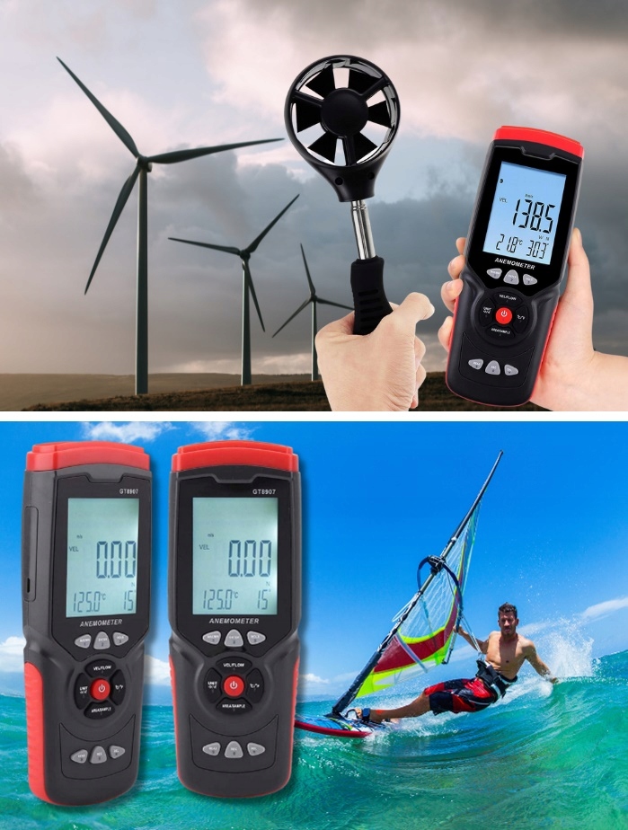 ANEMOMETR WIATROMIERZ MIERNIK WIATRU PRZEPŁYWU POWIETRZA DO KLIMATYZACJI CE Jednostki pomiaru prędkości powietrza ft/min km/h m/s mph węzły (kn)