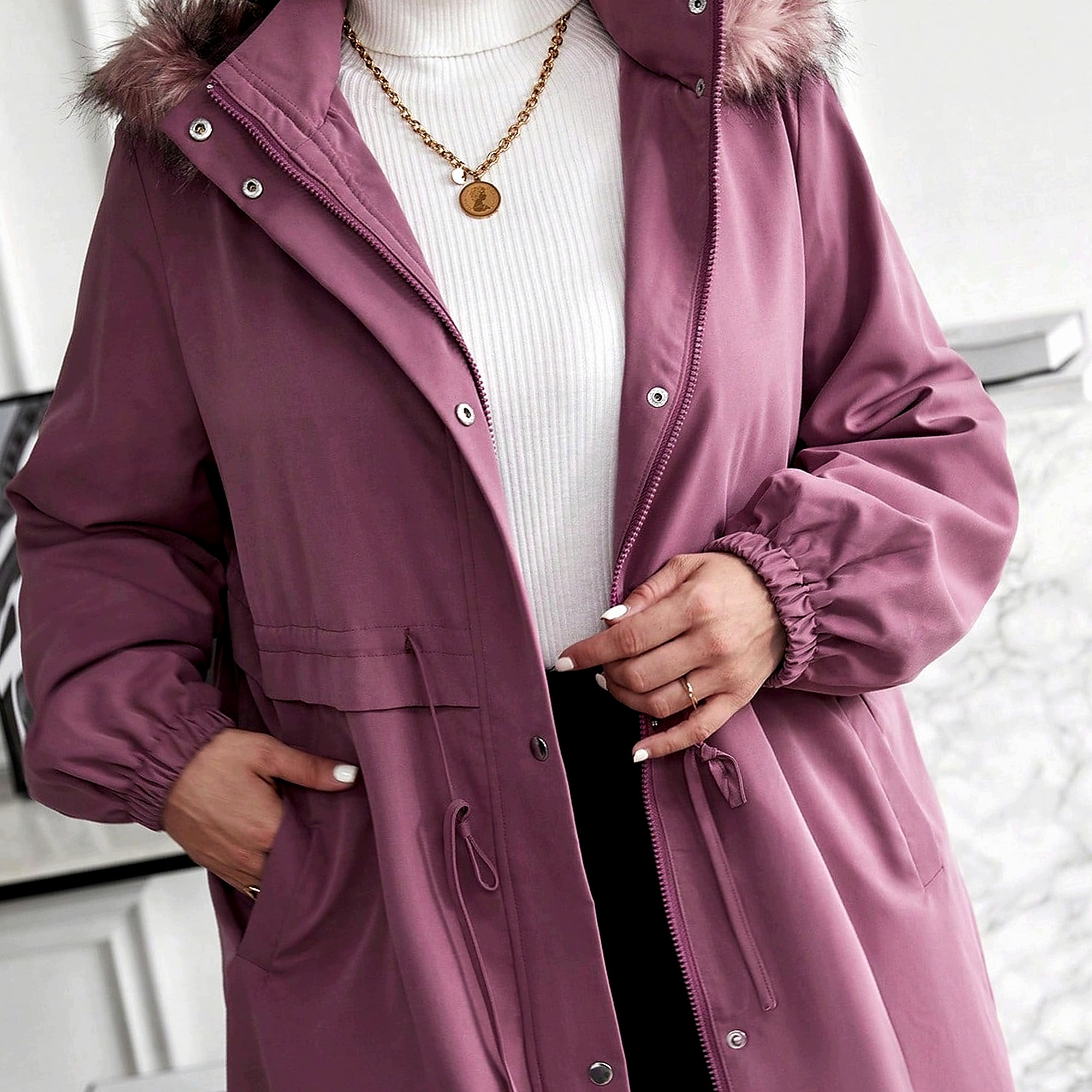 Dámská švestková bunda S Kapucí Jarní parka pro každý den, velikost XL 42