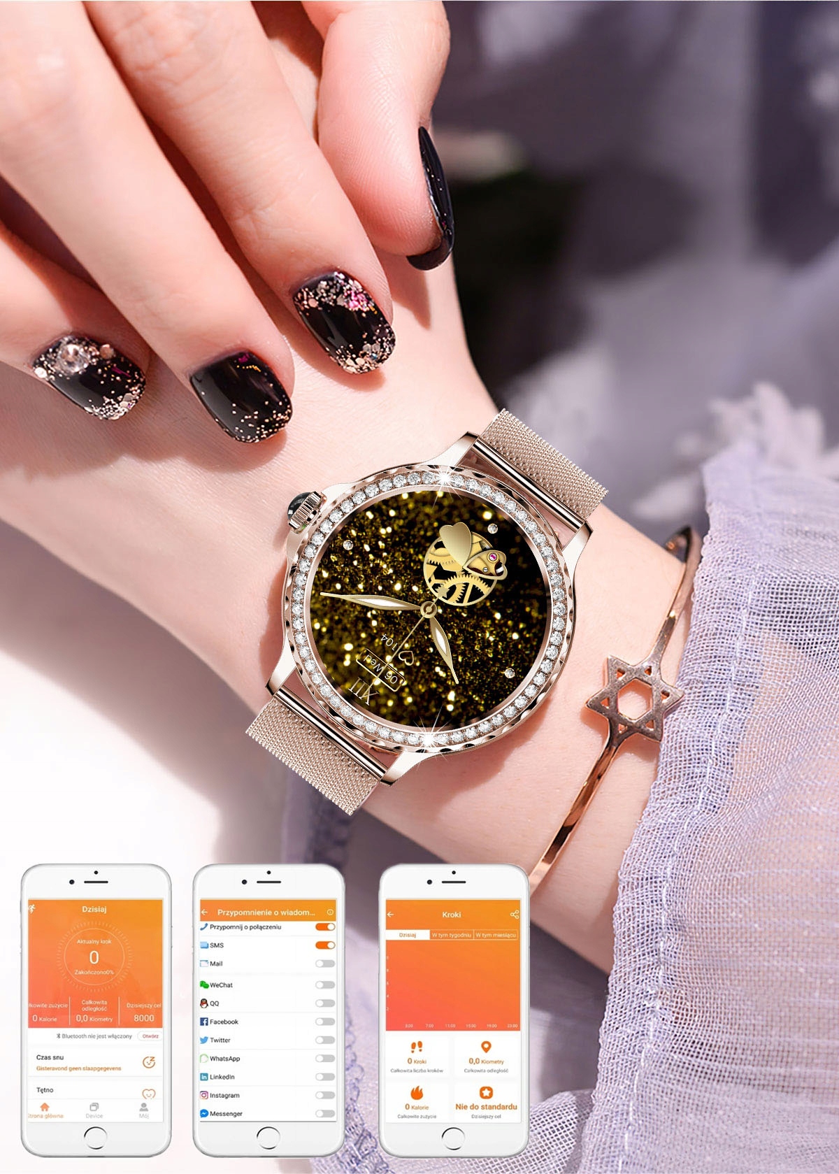 SMARTWATCH ZEGAREK DAMSKI POLSKIE MENU ROZMOWY SPORT CYRKONIE SMART WATCH Kompatybilność systemowa Android iOS