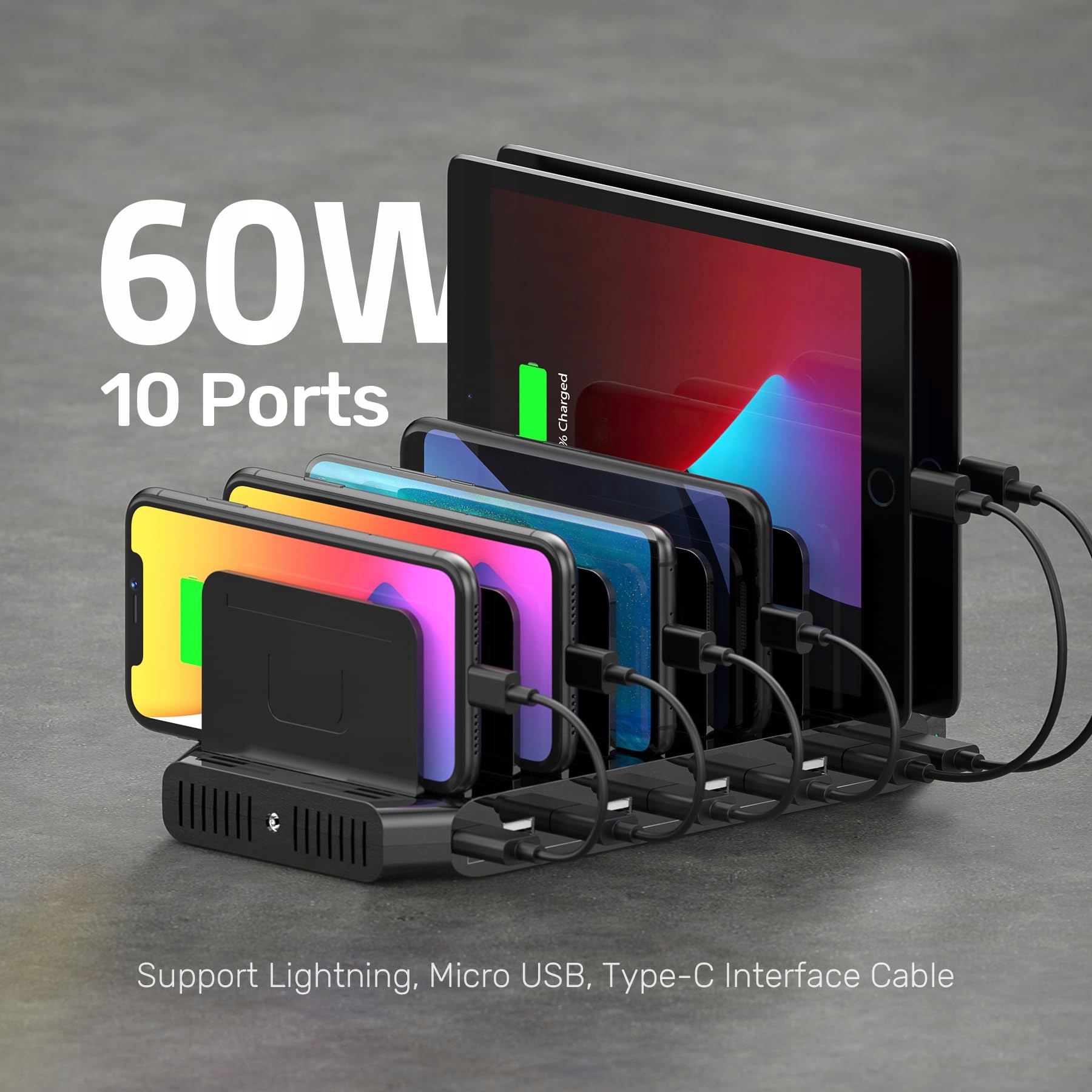UNITEK Stacja Ładowania 60W 10 Portów USB Organizer na Tablety i Urządzenia — miniatura 2