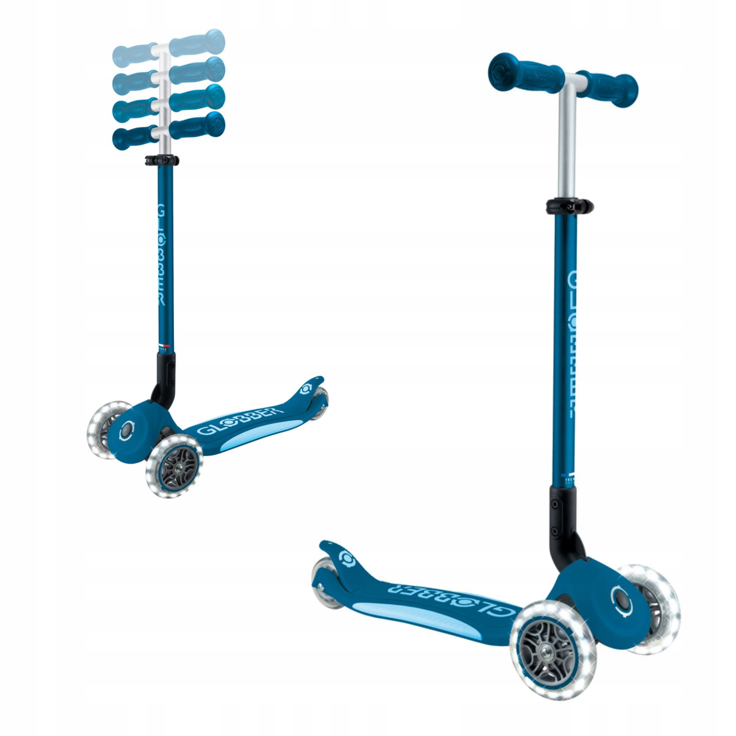 Bezpečná dětská tříkolová balanční koloběžka s regulací Led Globber