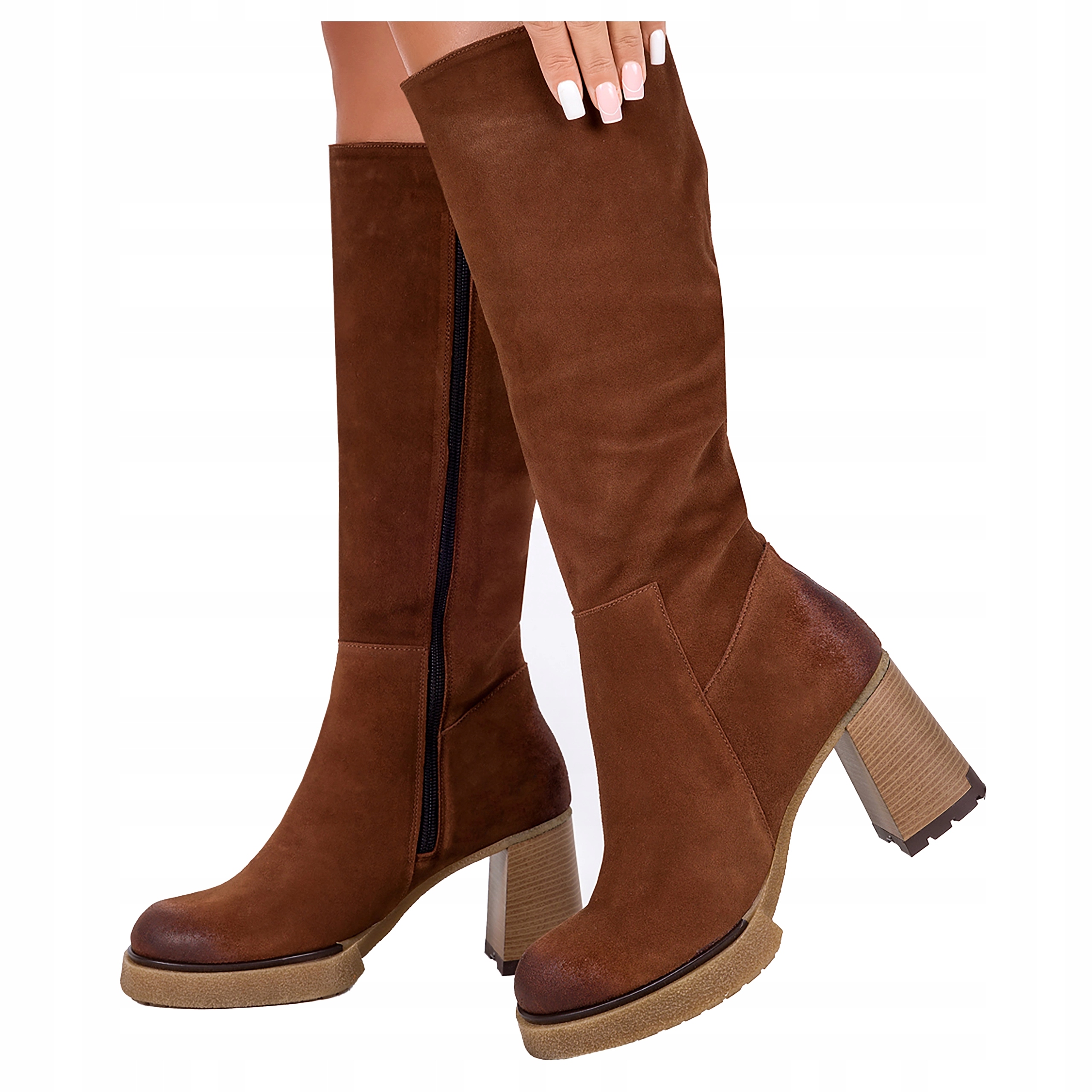 Dámské Kožené Semišové Zimní Kozačky Na Stabilním Podpatku, Velikost 39