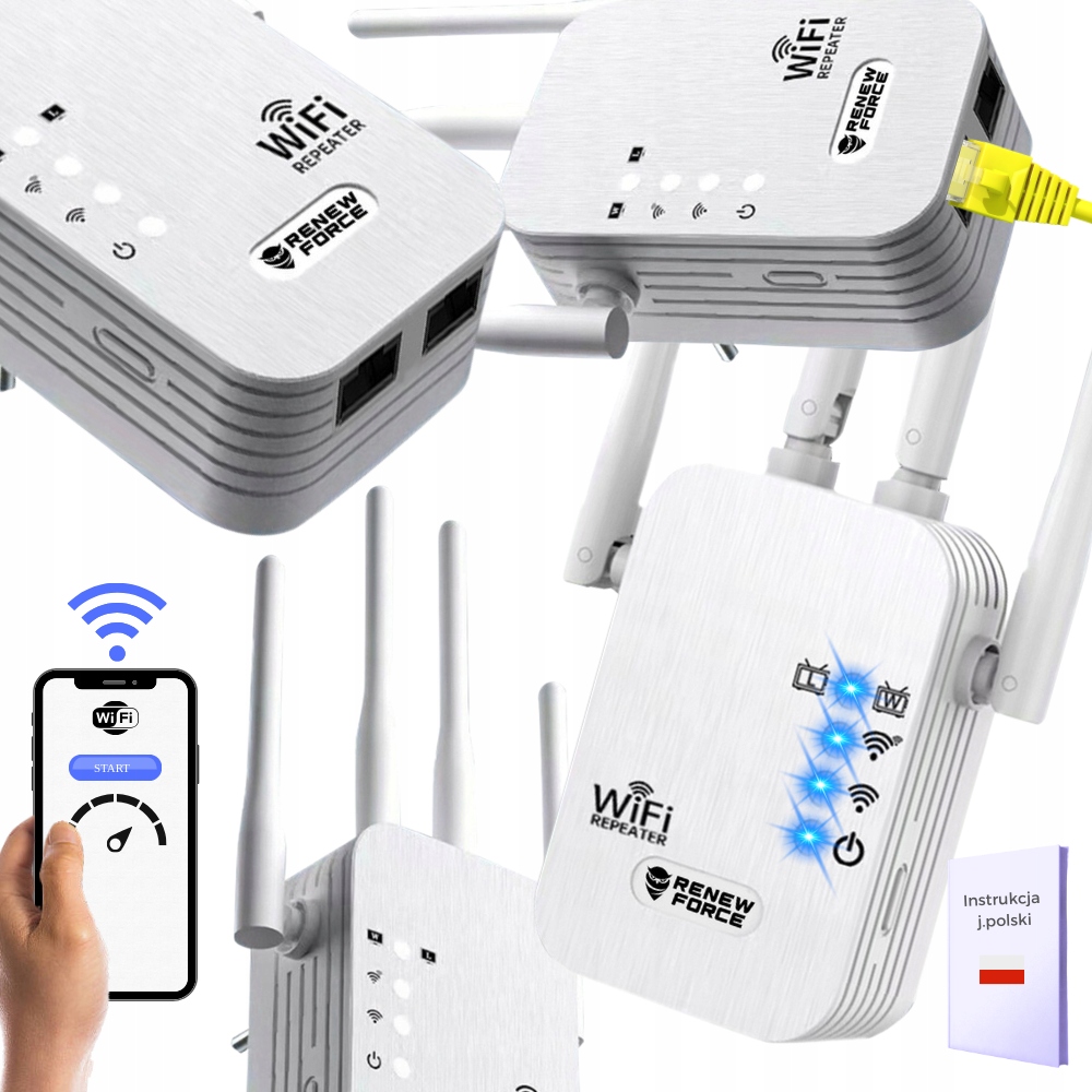WZMACNIACZ SYGNAŁU WiFi repeater DUŻY ZASIĘG 4 anteny MOC 1200Mb/s 2.4G 5G Sklep, Opinie