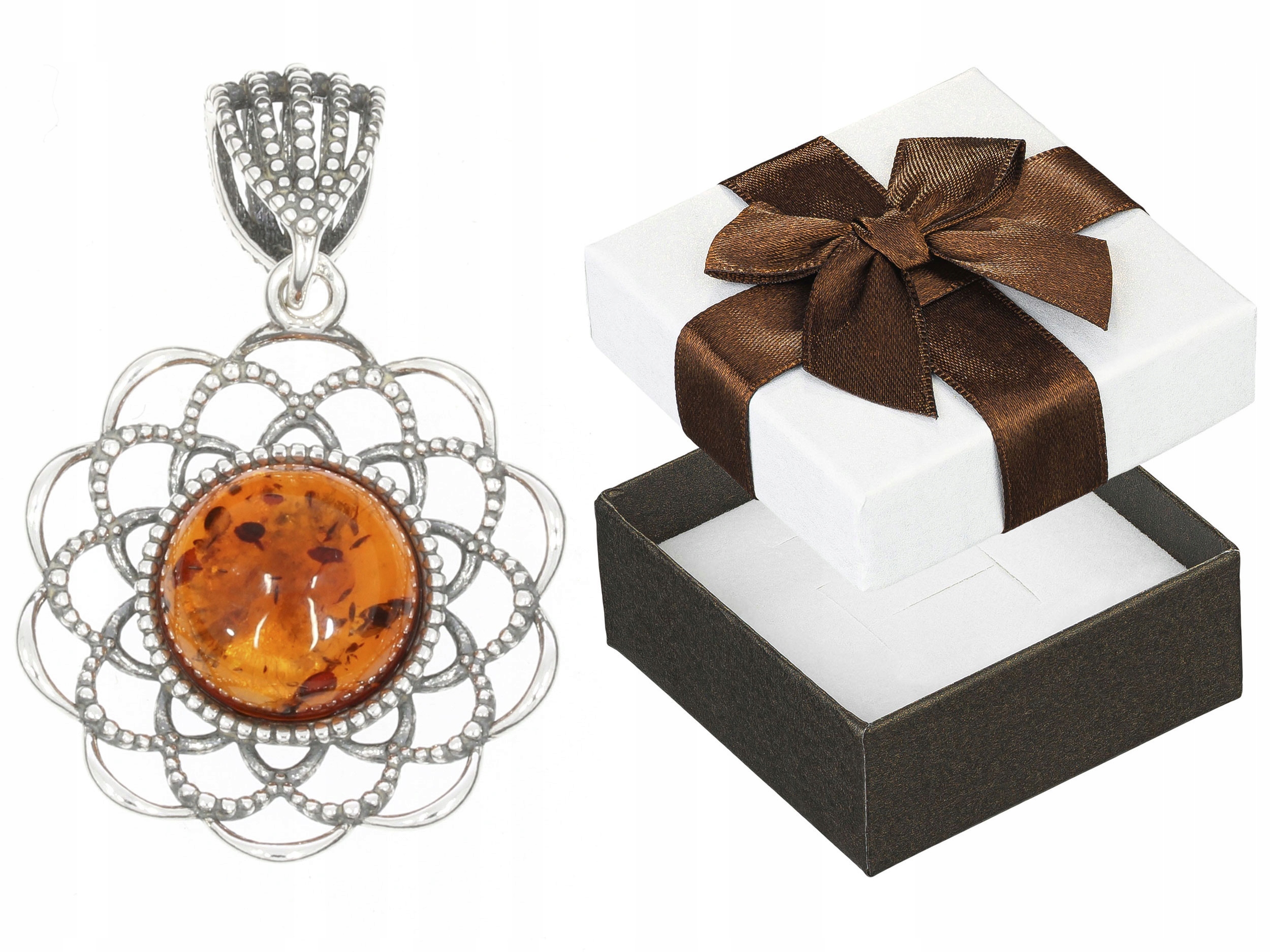 Stříbrný přívěsek Rozeta s jantarem Oxidovaný Přívěsek Kolečko 925