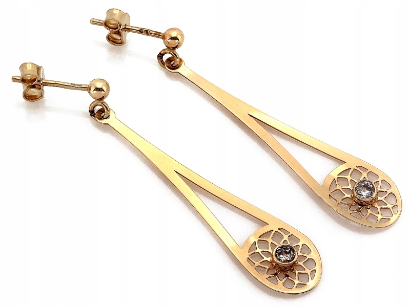 Náušnice zlaté 585 podlouhlé kapky s ažurem a zirkonem na tyči, módní