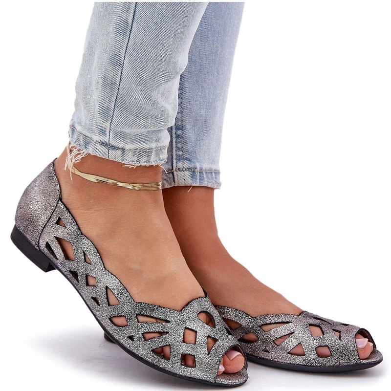 Ažurové Baleríny Na Plochém Podpatku S Odhalenými Špičkami, Stříbrné, Velikost 37