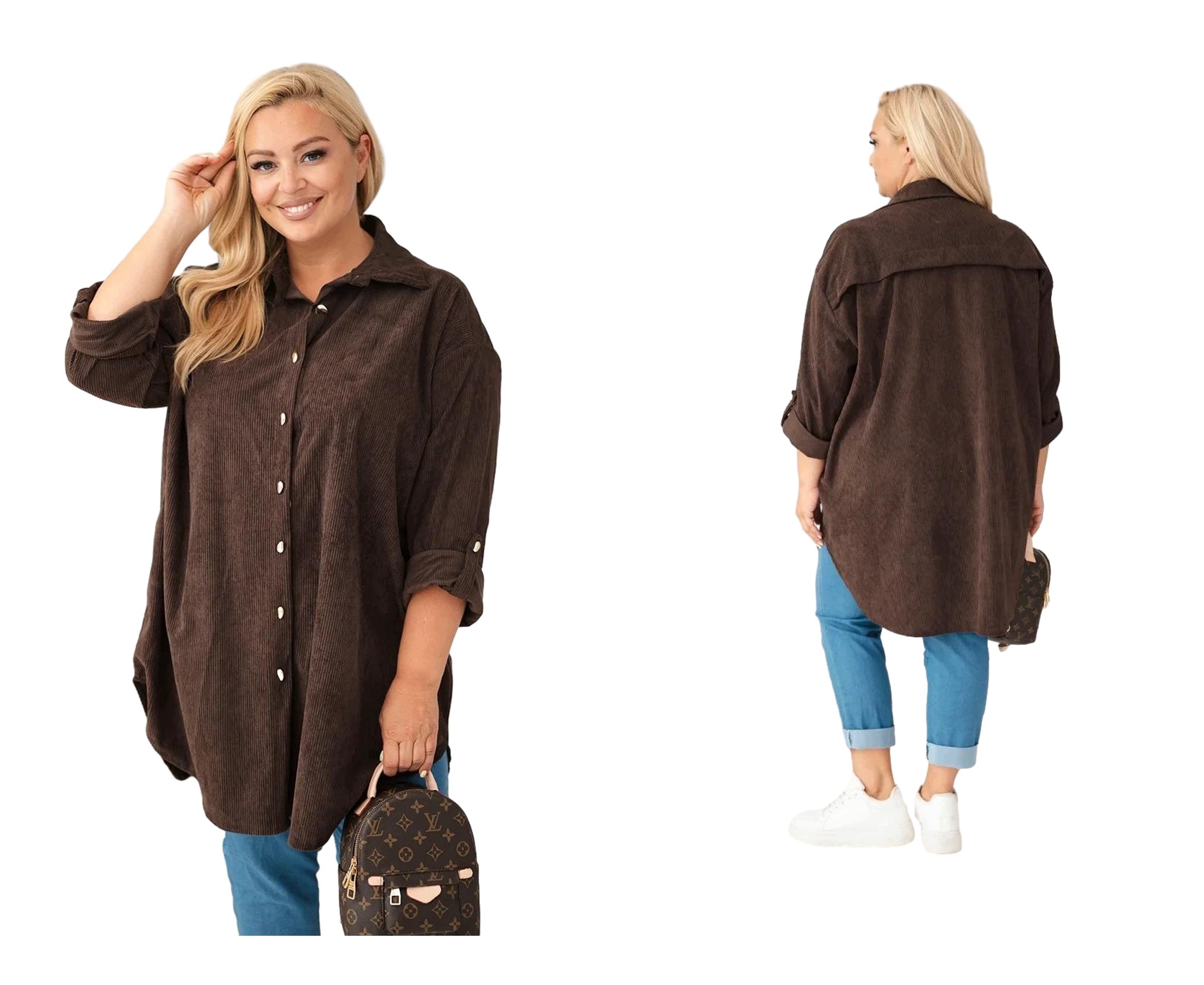 Hnědá dámská košile plus size s připínacími rukávy