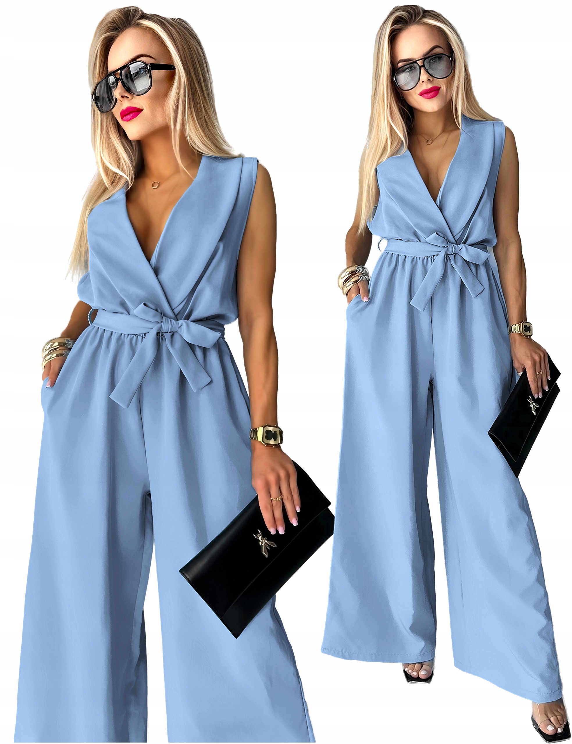 Kombinezon Damski kopertowy dekolt pasek szerokie nogawki 48 Iris