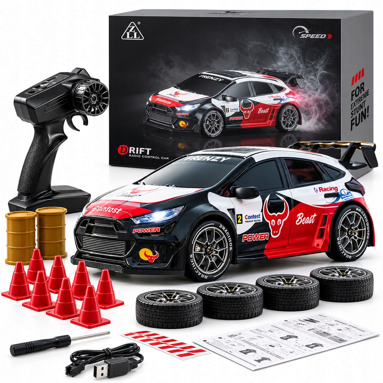 Samochód Rc drift 4x4 SG716 Beast Zll 20 km/h Led zestaw z 6 pachołkami Usb