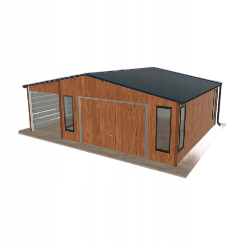 Plechová garáž 5x5.5 m s hospodářskou místností a přístřeškem Zlatý dub