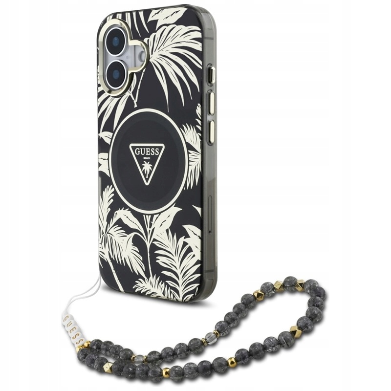 Guess Palm Trees Triangle Pearl Strap MagSafe Case iPhone 16 Black
