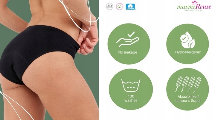 Silver Care Majtki majtki menstruacyjne S 100 PRAŃ czarne 100% bawełny EKO Rozmiar M