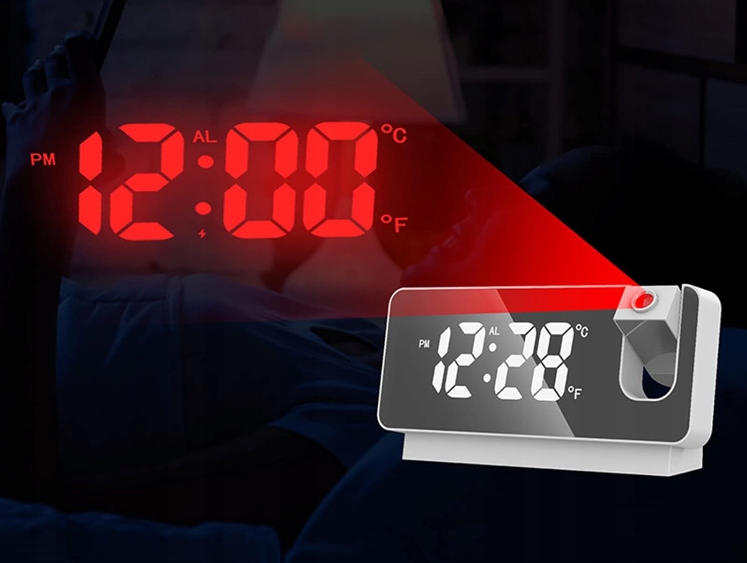 Zegar Budzik Elektroniczny Nowoczesny Cyfrowy Termometr Projektor LED Zasilanie USB